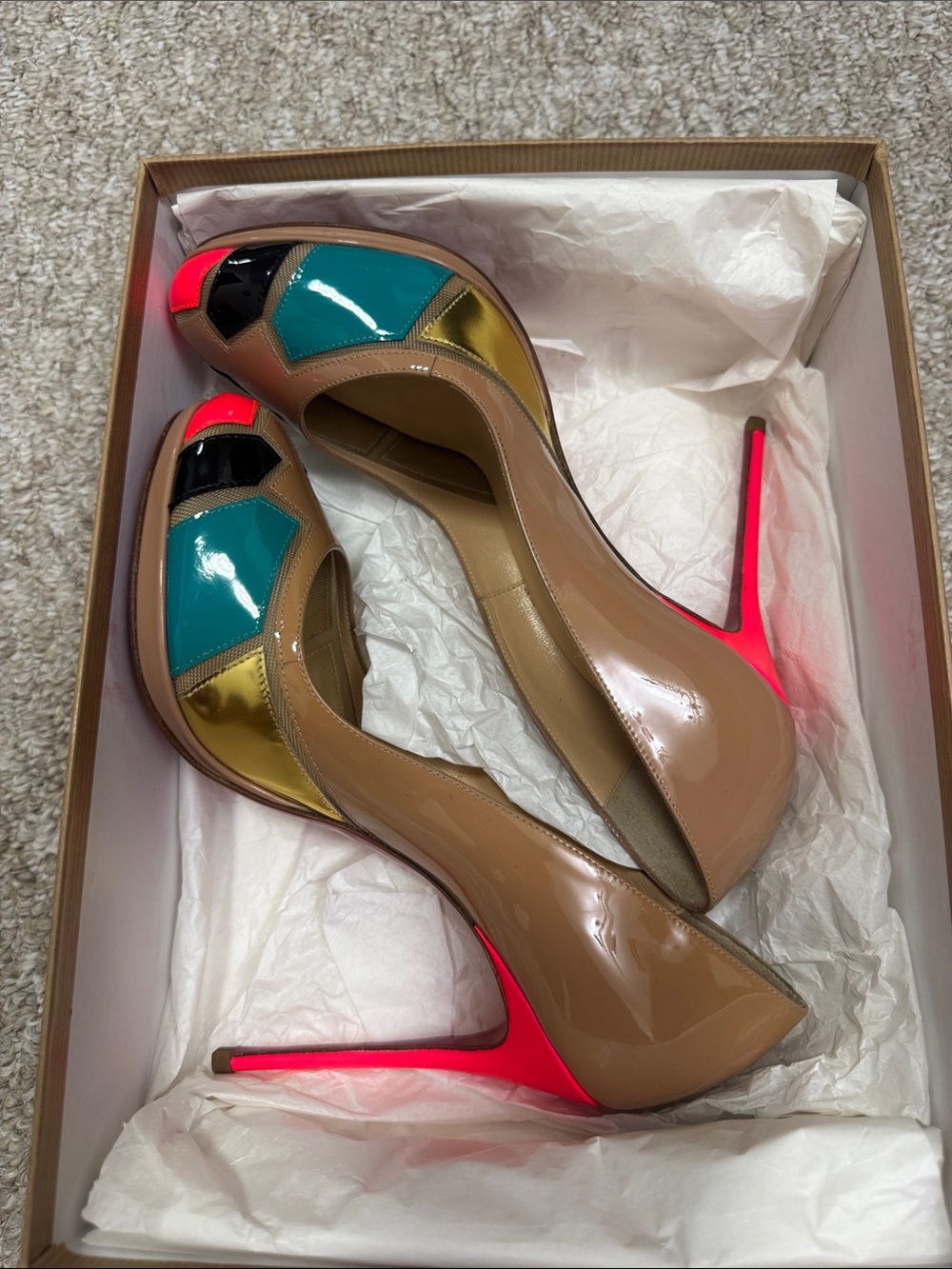 Patent Leather Nude Pump with Neon Pink Heel and Multi-Color Accents